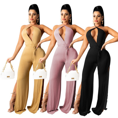 Hollow Fashion Sexy Solid Color Slit Sleeveless Jumpsuit