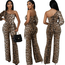 Sexy Fashion Leopard Print Oblique Shoulder Jumpsuit