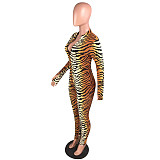 Fashion Casual Sexy Tiger Print Zipper Jumpsuit