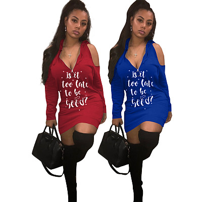 Sexy Off-the-shoulder Hooded Letter Print Dress