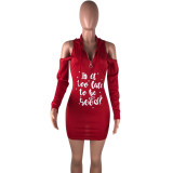 Sexy Off-the-shoulder Hooded Letter Print Dress