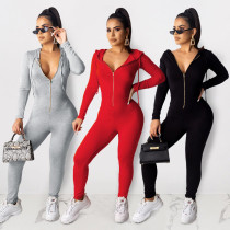 Fashion Zip Hoodie Solid Color Jumpsuit