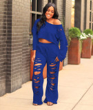 Casual Solid Color Ripped Flared Pants Suit