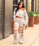 Casual Solid Color Ripped Flared Pants Suit