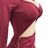 Solid Color Fashion Split Zipper Pleated Dress