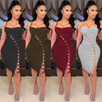 Sexy Sling Sleeveless Wrap Chest Cutout Solid Color Dress