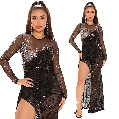 Sexy Perspective Stitching Split Sequin Hot Diamond Dress