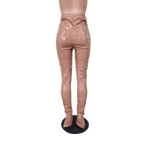 Fashion Casual PU Casual Pants With Slits