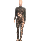 Solid Color Tight Lace Panel Sexy Jumpsuit