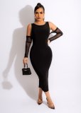 Solid Color Mesh Gauze Sleeve Stitching Sexy Slit Dress