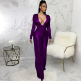 Sexy Fashion Bronzing Solid Color Long-sleeved V-neck Jumpsuit