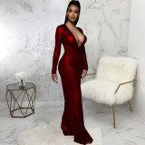 Sexy Fashion Bronzing Solid Color Long-sleeved V-neck Jumpsuit