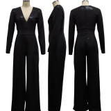 Sexy Fashion Bronzing Solid Color Long-sleeved V-neck Jumpsuit