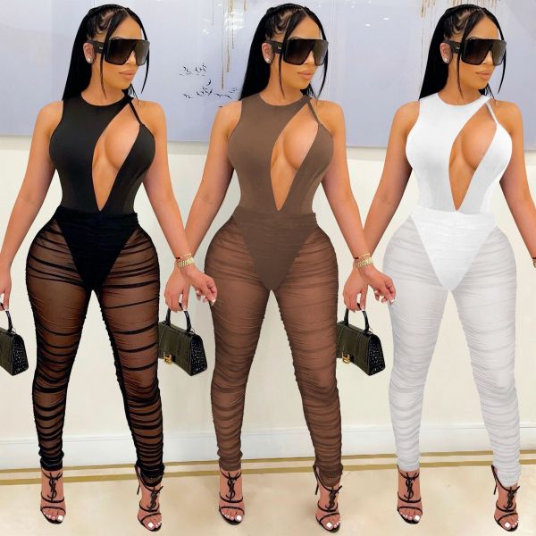 Sexy Nightclub Solid Color Sleeveless Mesh Gauze See-through Jumpsuit