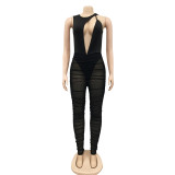 Sexy Nightclub Solid Color Sleeveless Mesh Gauze See-through Jumpsuit