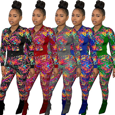 Fashion Sexy Sports Stitching Long-sleeved Print Suit