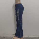 Fashion All-match Stitching Ripped Denim Flared Pants