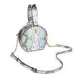 PU Snake Print Portable One Shoulder Crossbody Chain Small Round Bag