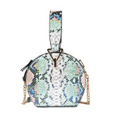 PU Snake Print Portable One Shoulder Crossbody Chain Small Round Bag