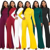 Fashion Crew Neck Long Sleeve Wide Leg Jumpsuit