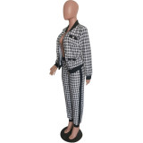 Fashion Casual Houndstooth Print Button Two Piece Set