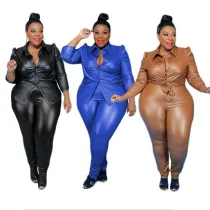 Solid Color Fashion Sexy Plus Size PU Two Piece Set