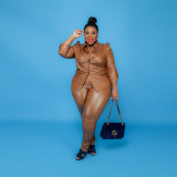 Solid Color Fashion Sexy Plus Size PU Two Piece Set