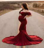 Maternity Ruffle Sleeve Cross V-Neck Trailing Dress