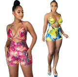 Slim-fit Suspender Painted Print Jumpsuit