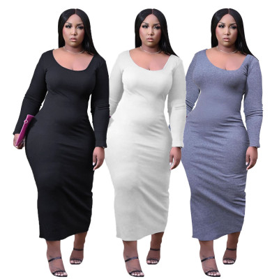 U-neck Solid Color Casual Slim Fit Sexy Plus Size Dress