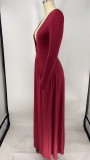 Solid Color Long Sleeve Panelled V-Neck Hem Slit Dress