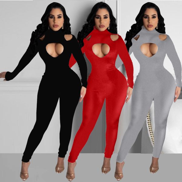 Front Chest Heart-shaped Hollow Solid Color Sexy Jumpsuit