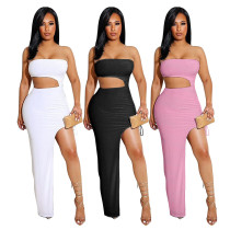 Sexy Pit Strip Wrap Chest Strapless Side Slit Dress