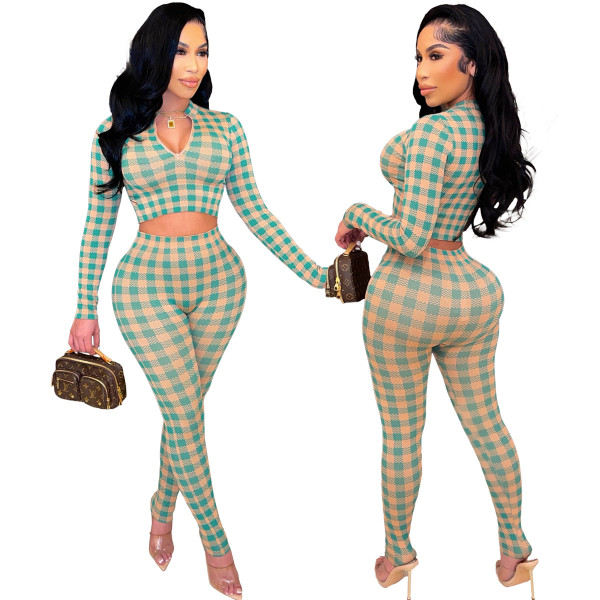 Fashion Plaid Print Casual Sports Two-piece Set