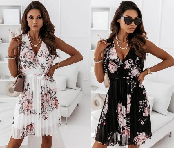 Lace-up Waist Pleated Floral Dress