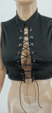 Fashion Lace Up Sexy Navel Sleeveless Solid Color T-Shirt