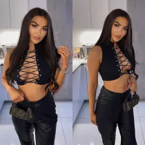 Fashion Lace Up Sexy Navel Sleeveless Solid Color T-Shirt