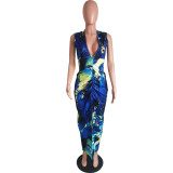 Fashion Print Deep V Sleeveless Slit Dress