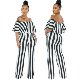 Fashion One Shoulder Short Sleeve Striped Pattern Jumpsuit