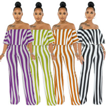 Fashion One Shoulder Short Sleeve Striped Pattern Jumpsuit