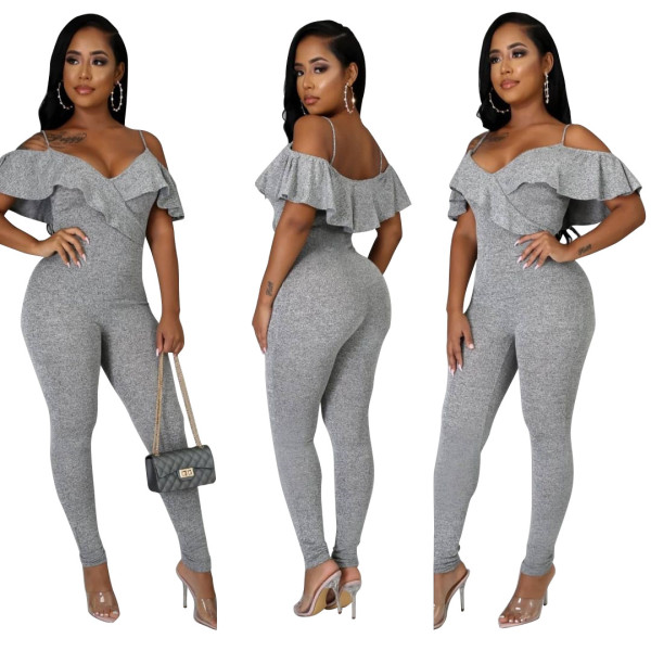 Fashionable Sexy V-Neck Off-the-Shoulder Ruffle Jumpsuit