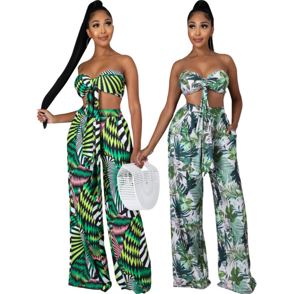 Fashion Wrap Chest Print Stitching Two-piece Set