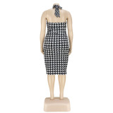 Houndstooth Cutout Cross-Tie Smocked Dress