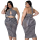 Houndstooth Cutout Cross-Tie Smocked Dress