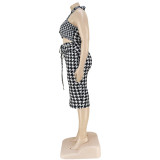 Houndstooth Cutout Cross-Tie Smocked Dress
