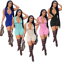 Solid Color Pit Strip Zip Sleeveless Straight Jumpsuit