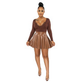 Casual Solid Color Pu Leather Skirt Long Sleeve Pit Strip Two-piece Suit