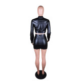 Fashion Casual PU Leather Zipper Skirt Two-piece Set