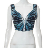 Butterfly Print Strap Crop Casual Top