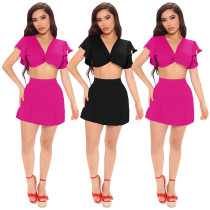 Sexy Wrap Chest Ruffled Two-Piece Set